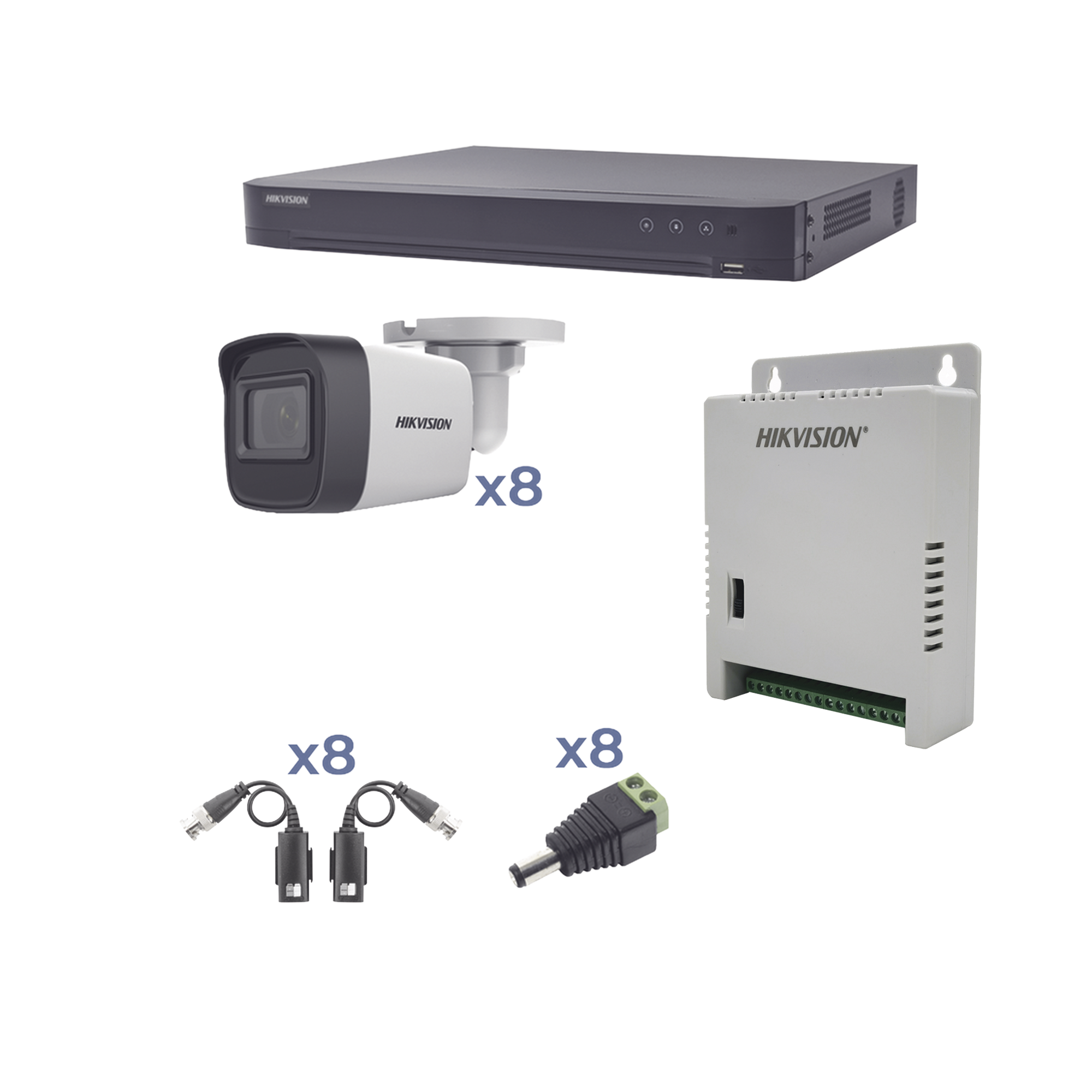 KIT TurboHD 1080p / DVR 8 Canales / 8 Cámaras Bala (exterior 2.8 mm) / Transceptores / Conectores / Fuente de Poder Profesional hasta 15 Vcc para Larga Distancia
